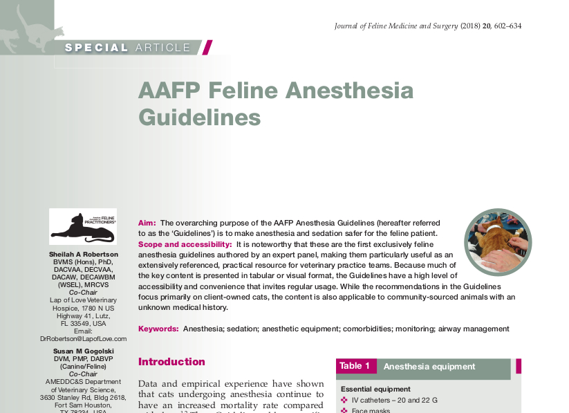 AAFP Feline Anesthesia Guidelines Published Docsinnovent