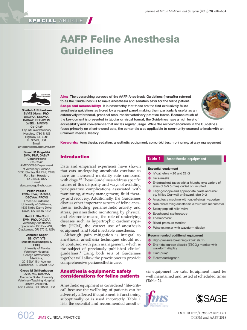 AAFP Feline Anesthesia Guidelines Published Docsinnovent